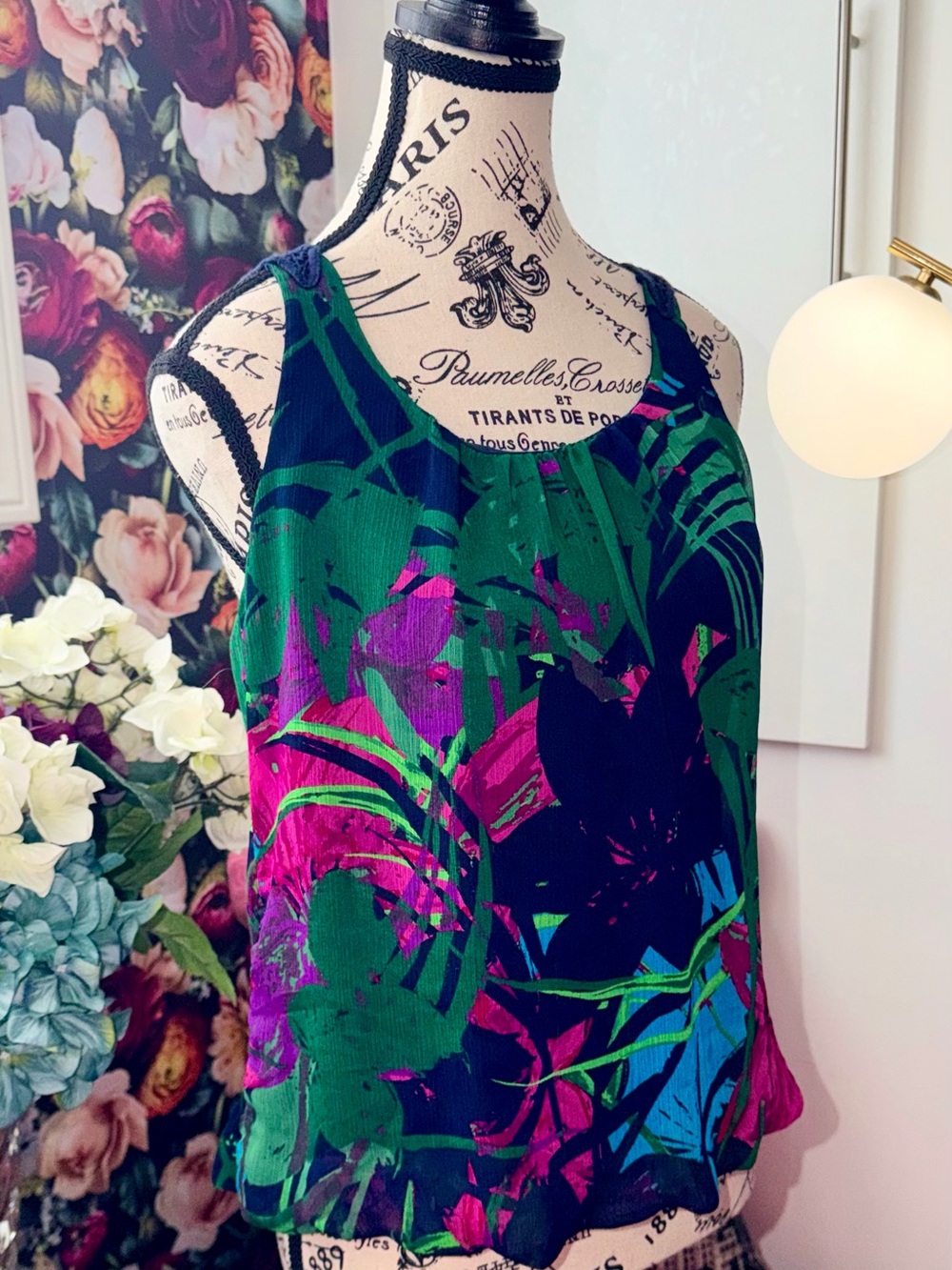 Express Navy Tropical Print Sleeveless Blouse with Green and Magenta Accents